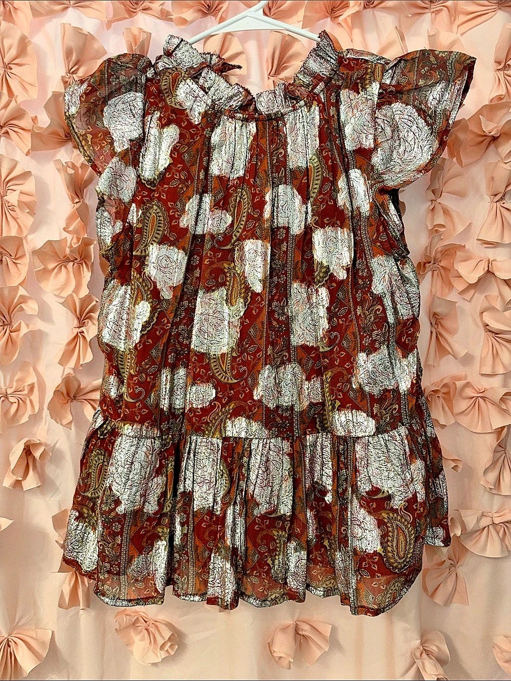 Anthropologie Letmebe Shimmer Paisley Flounce Dress Red & Silver Mini Dress